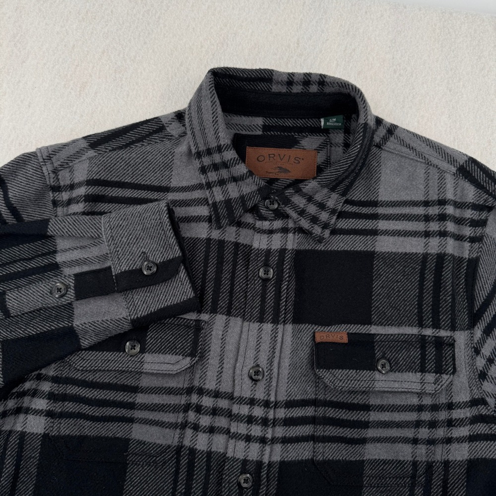 Orvis Men M Heavyweight Flannel Long Sleeve Button Down Gray/Black Plaid Outdoor